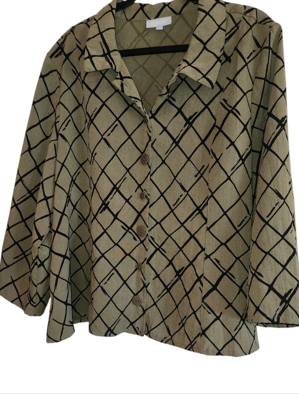 Habitat Artsy Lagenlook Olive Green/Black Windowpane Check Blouse Size XXL Boxy
